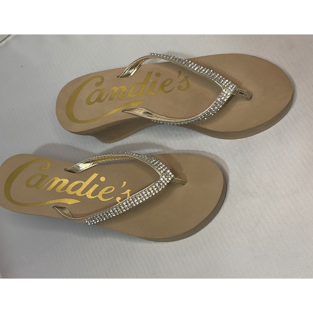 Candies Womens Wedge Flip Flops Tan Rhinestone Platform Sandals Size M 7-8